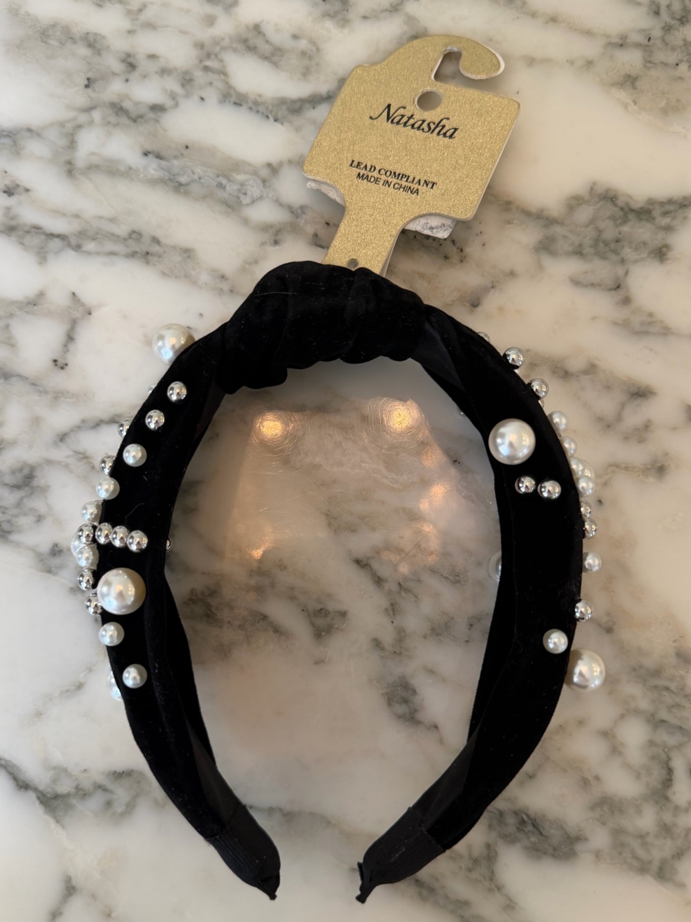 NWT Natasha Couture Black Velvet Pearl Rhinestone Knotted Headband Embellished - Picture 2 of 4